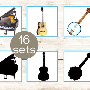 Tarjetas de emparejamiento de sombras de instrumentos musicales. Actividad musical para preescolar. Actividad musical para jardín de infantes en formato PDF imprimible