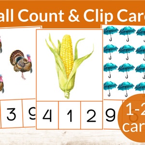 May include: A set of 20 fall-themed count and clip cards featuring turkeys, corn, and umbrellas. The cards have numbers 1-20 printed on them.