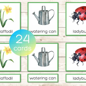 Spring Montessori printable vocabulary 3 part cards. Nomenclature cards. Preschool and kindergarten activity. Watercolor illustrations
