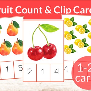 Cartes à découper et à décompter les fruits Montessori. Activité mathématique pour la maternelle et la maternelle. Étude de l'unité de nutrition des fruits. Numéros préscolaires pour l'école à la maison