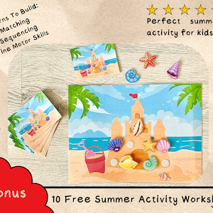 May include: A printable summer activity for kids featuring a sandcastle with seashells, starfish, and a bucket. The activity includes 18 patterns to build, matching, sequencing, and fine motor skills. It also includes 10 free summer activity worksheets.