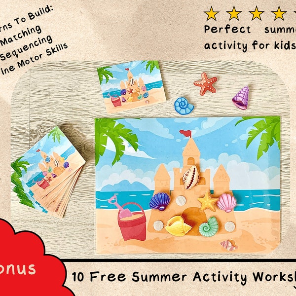 Printable Summer Activity for Kids, Sand Castle Shell Matching Beach Activity for Toddler Preschool, Summer Beach Seashell Matching Game