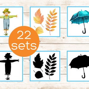 Fall autumn shadow matching cards. Montessori toddler printable. Preschool fall autumn activity