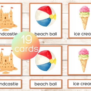 Vocabulário Montessori de verão para impressão, cartões de 3 partes. Cartões de nomenclatura. Atividade pré-escolar e jardim de infância. Ilustrações em aquarela