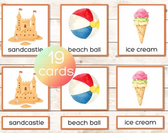 Summer Montessori printable vocabulary 3 part cards. Nomenclature cards. Preschool and kindergarten activity. Watercolor illustrations