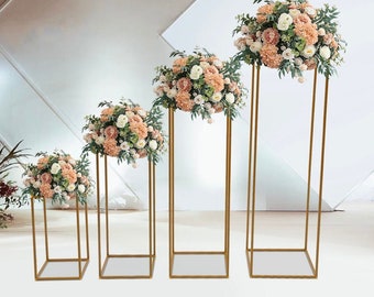 Set of 4 Gold Metal Stand, Gold Flower Stand for Wedding, Birthday Party, Rectangular Stand, Dessert Stand Set, Gold Frame Flower Stand