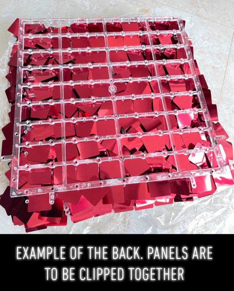 May include: A clear plastic grid with attached red square sequins. The text at the bottom reads: EXAMPLE OF THE BACK. PANELS ARE TO BE CLIPPED TOGETHER.