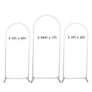 May include: Three white metal arch stands of different sizes. The largest stand is 3.96 feet wide by 7 feet tall. The medium stand is 3.3 feet wide by 6 feet tall. The smallest stand is 3.3 feet wide by 6 feet tall.