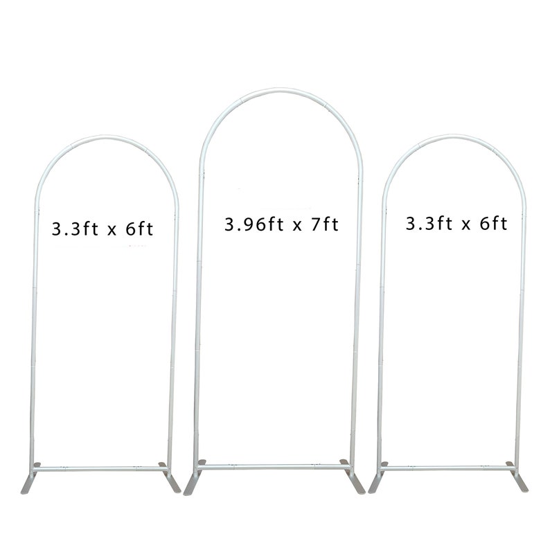 May include: Three white metal arch stands of different sizes. The largest stand is 3.96 feet wide by 7 feet tall. The medium stand is 3.3 feet wide by 6 feet tall. The smallest stand is 3.3 feet wide by 6 feet tall.