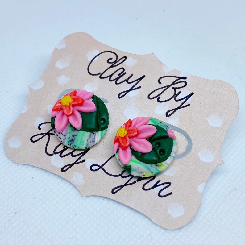 Green Pearlescent New Lily Pad Pond Studs Pink Handmade Polymer Clay Circle Earrings Gift Ideas For Her Jewelry Earrings Gvara Pl