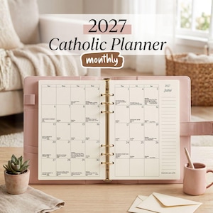 May include: A pink 2027 Catholic monthly planner open to June, featuring a gold six-ring binder mechanism. The planner pages display a calendar grid with dates and text. Below the planner, text reads: available in sizes a4 and 8.5 x 11 Letter size.