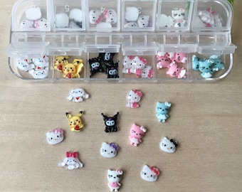 3D Kawaii Nail Charms Box of 24, Kitty Nail Charms, Pikachu Nail Charms, Cute Kitty Nail Charms, Nail Art Charm Set