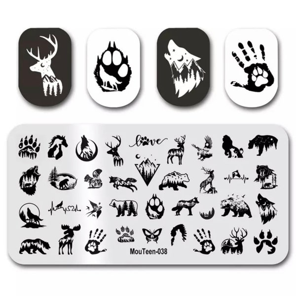 1 Bear Nail Stamping Plate, Wild Forest Animals Nail Art, Bear/Deer Nail Art, Nail Stamping Plate, Nail Art, Stainless Steel Stamping Plate