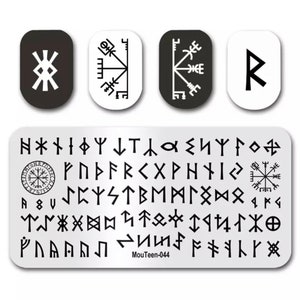 May include: A nail art stamping plate with various Viking rune symbols and designs. Includes four rectangular designs with individual symbols and a plate with an alphabet of runes. The plate has the text "MouTeen-044".