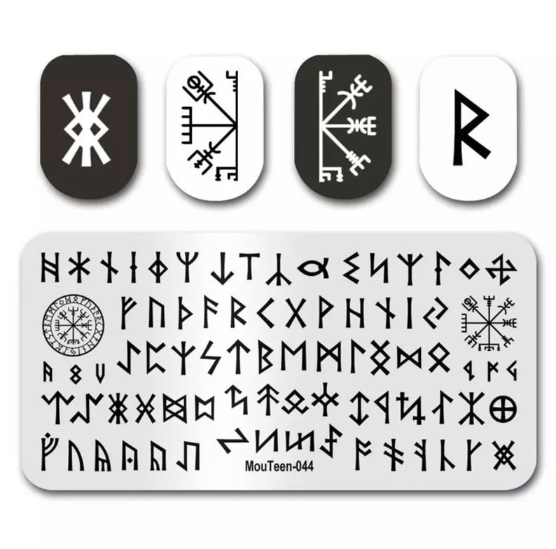 May include: A nail art stamping plate with various Viking rune symbols and designs. Includes four rectangular designs with individual symbols and a plate with an alphabet of runes. The plate has the text "MouTeen-044".