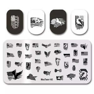 Peut inclure: Une plaque de stamping pour ongles avec 24 motifs diff&eacute;rents repr&eacute;sentant des drapeaux am&eacute;ricains, des aigles et d'autres images patriotiques. La plaque est &eacute;tiquet&eacute;e "MouTeen-143".