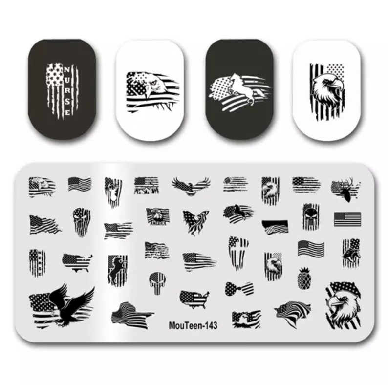 Peut inclure: Une plaque de stamping pour ongles avec 24 motifs diff&eacute;rents repr&eacute;sentant des drapeaux am&eacute;ricains, des aigles et d'autres images patriotiques. La plaque est &eacute;tiquet&eacute;e "MouTeen-143".