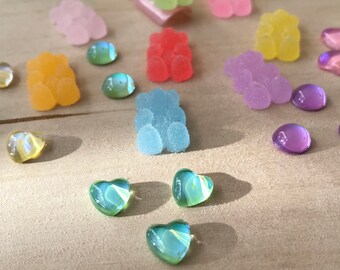 72 Pcs Neon Candy Glass Nail 3D charms, Herat Nail Charms, 24 Pcs Candy Bear Nail Art Charms, Heart Charms for Nails, Flat Back nail Charms