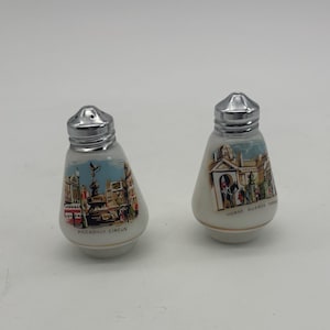 Vintage Milk Glass London Souvenir Salt and Pepper Shakers. Piccadilly Circus and Horse Guard Parade.