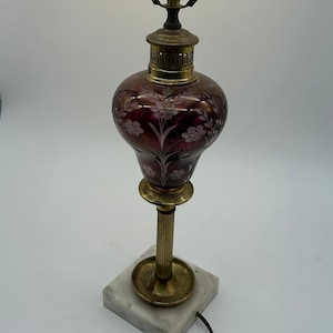Vintage Cranberry Colored Glass Table Lamp with Brass and Marble Base. Bohemian Glass Cut Red to Clear