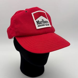 Retro 1980s Marlboro Racing Team Red Cap with Adjustable SnapBack Strap.