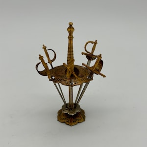 Vintage Toldeo 5 Coctail Pick Skewer Swords with Stand.  Cocktail Hour Set Brass 1960s Mid century