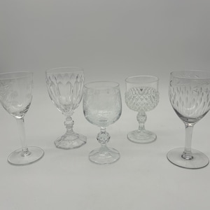 Vintage Etched Crystal Wine Glass Set - Mismatched Stemware (Set of 5)