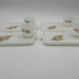 Vintage Fire King Golden Wheat Milk Glass Luncheon Set: 4 Cups & Trays