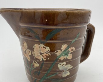 USA Pottery Pitcher: Handpainted Floral Stoneware, Ribbed Design