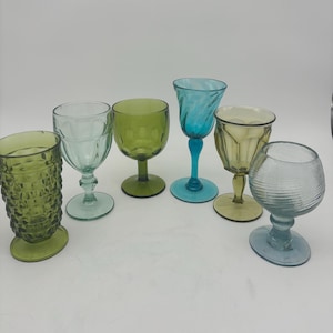 Collection of Vintage Mismatched Glass Goblets / Drinking Glasses *** Blue / Green / Teal *** Set of 6