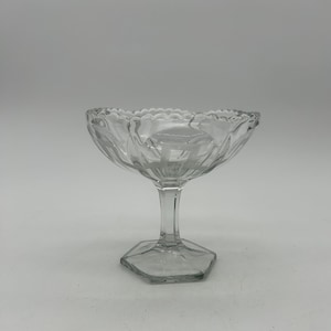 Vintage Art Deco Etched Glass Pedestal Compote, Scalloped Edge Glass Bowl