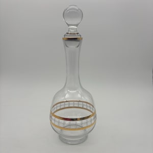 Vintage Mid-Century Glass Decanter: Gold Trim Etched Scroll Stopper