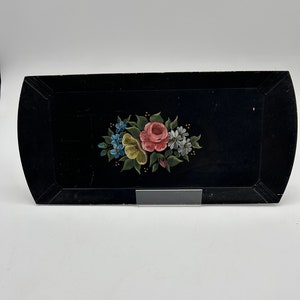 Vintage Handpainted Black and Floral Decorative Hasko Wooden Tray 16”x7 1/2”