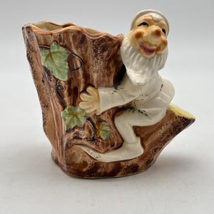 1950’s Ceramic Pixie Elf Sitting on Tree Stump Small Planter