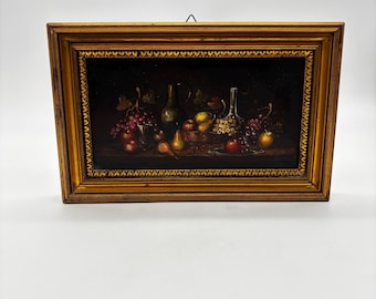 Vintage Petite Still Life Oil Painting Fruit & Bottles Gold Frame Dark Academia Wall Art