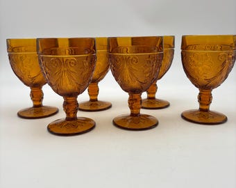 Vintage Tiara Glass Sandwich Pattern Amber Goblets / Wine Glasses set of 6