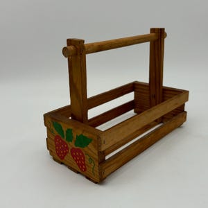 Vintage Wooden Crate with Handle Hand Painted Strawberry Motif. Wood Slat Berry Basket.