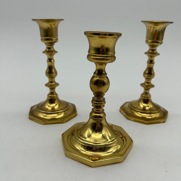 Collection of Three Vintage Brass Candlestick Holders. Solid Brass Candle Holders