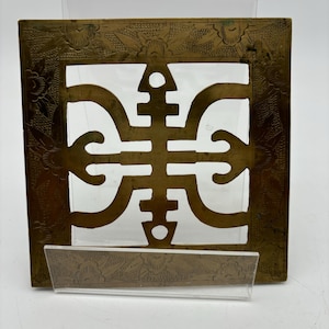 Vintage Solid Brass Chinese Hot Plate Trivet. Scroll Work. Footed Pot holder