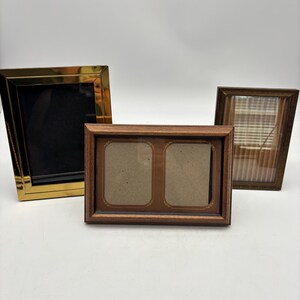 Mismatched Vintage Picture Frame Set of 3 Brass Gold Wood Double Photo Frames Eclectic Gallery Wall Decor