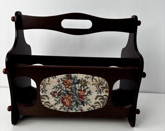 Vintage Wooden Magazine Rack Floral Tapestry Newspaper Holder Retro Home Decor