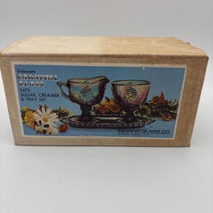Vintage Carnival Glass Sugar Bowl, Creamer and Tray Set. Indiana Glass in Original Box.