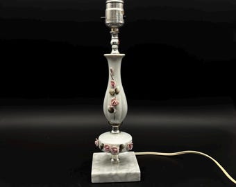 Vintage Porcelain Flower Lamp, Marble Base, Gold Tone Trim – 13" Tall