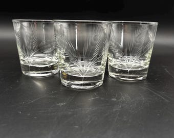 Vintage Etched Wheat Lowball Glasses Set of 3 Mid Century Barware Whiskey Tumblers