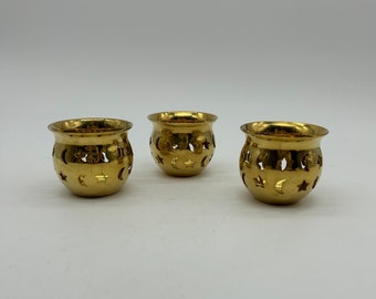 Set of Three Vintage Solid Brass Moon and Star Cutout Tealight Candle Holders