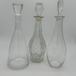 Set of Three Unique Vintage Decanters. Anchor Hocking Wexford, Etched Glass, Unique Shape.