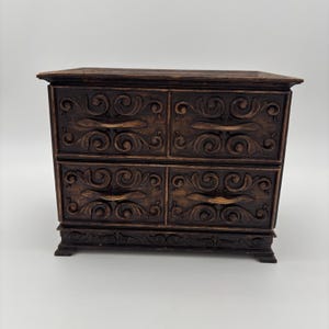 Vintage 1970s  Plastic Brown Faux Wood Jewelry/ Keepsake Box. 2 Drawer Red Velvet Lined. Some signs of age. See pics