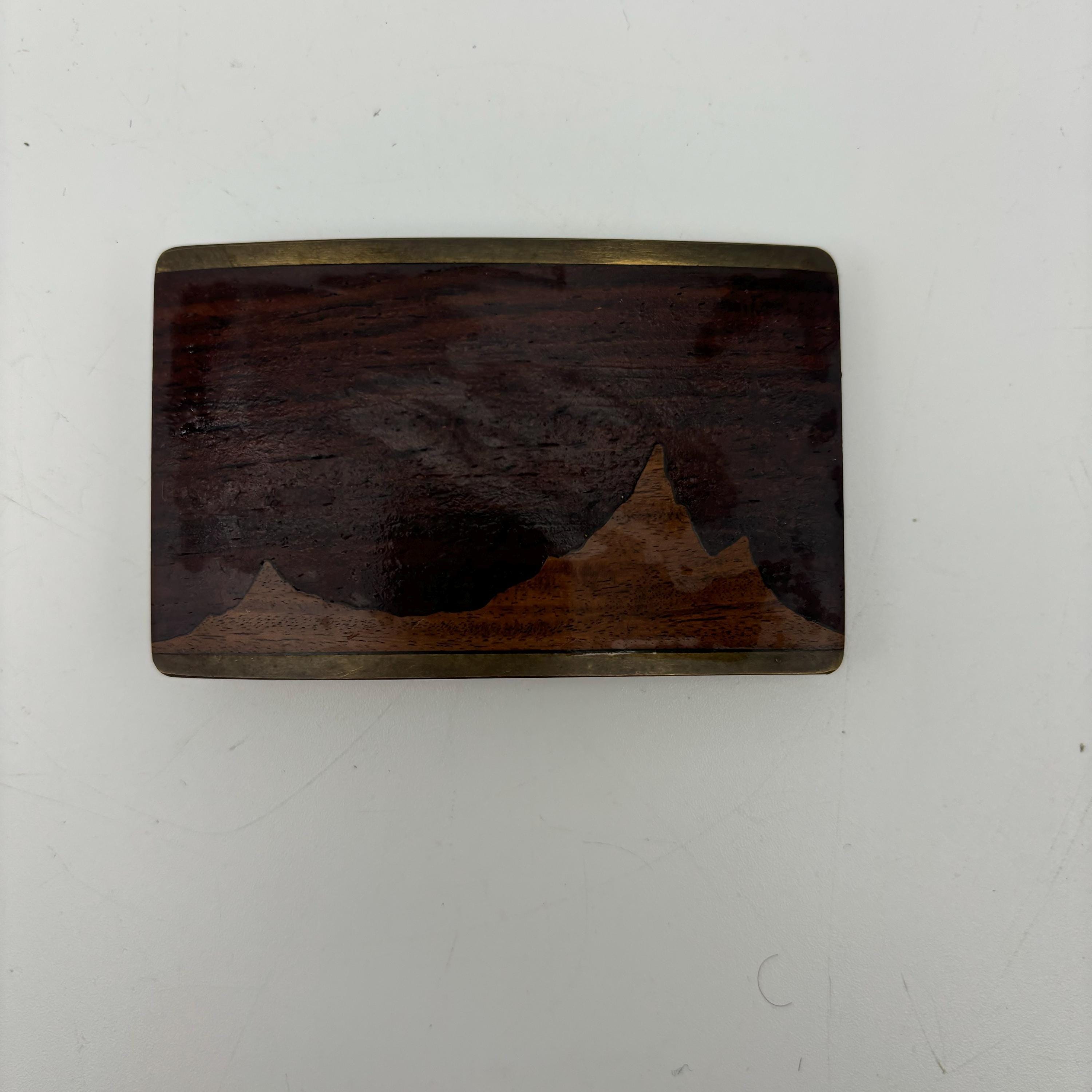 EUC Vintage Inlaid Wood Mountain Landscape Brass Belt Buckle Awesome Hand Embossed & Painted Heavy Leather Belt Brass  main image 4