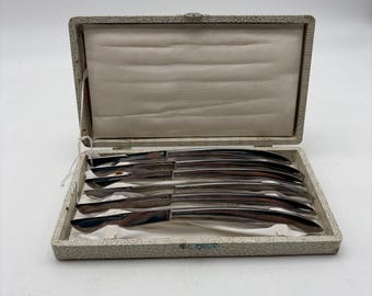 Vintage Mid Century Japanese stainless steel steak knife set of 6 with a textured faux crocodile case