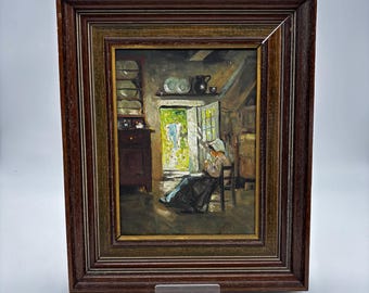 Vintage Signed Oil Painting Woman in Rustic Interior Framed Original Folk Art Cottage Scene